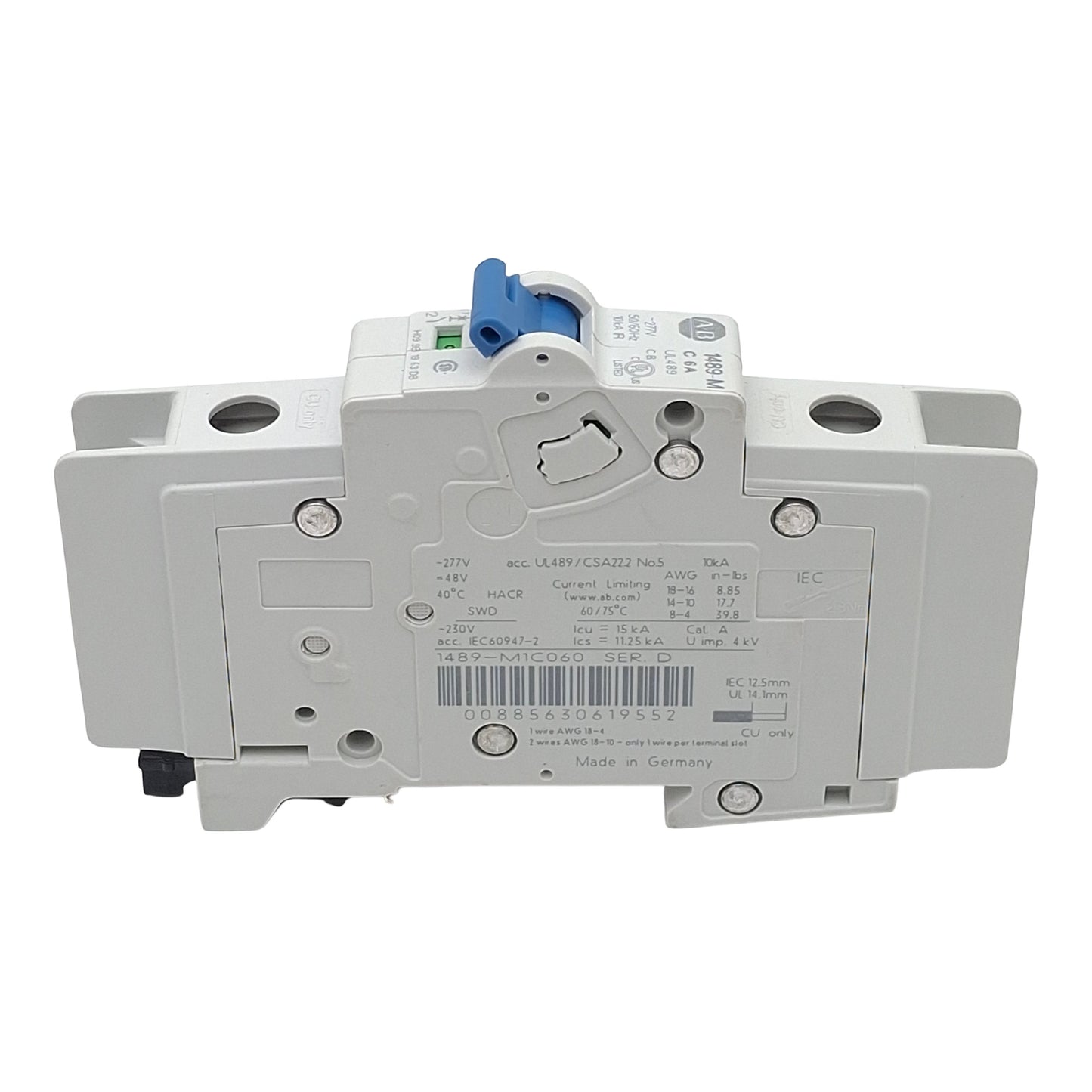 Used Allen Bradley 1489-M1C060 Circuit Breaker, 1-Pole, 6A 277VAC/48VDC, DIN Rail