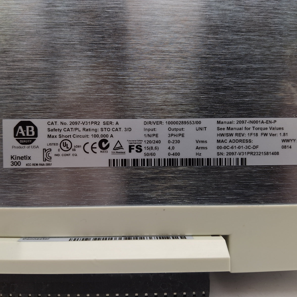 Used Allen Bradley 2097-V31PR2 Kinetix 300 Servo Drive, 0.8kW, 120/240VAC Input