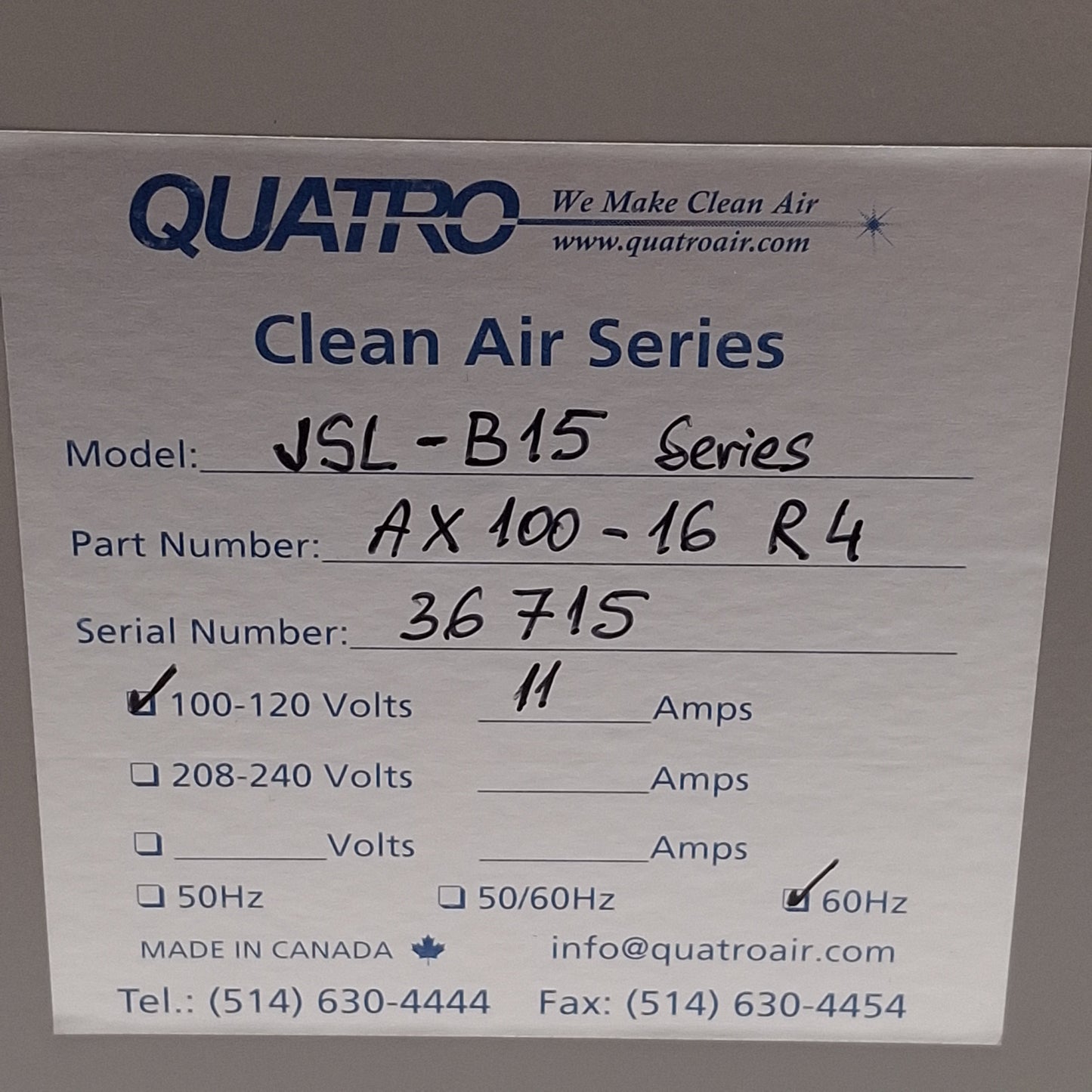 Used Quatro Air JetStream TallBoy Clean Air Series Dust Collector, 90in WC, 141cfm
