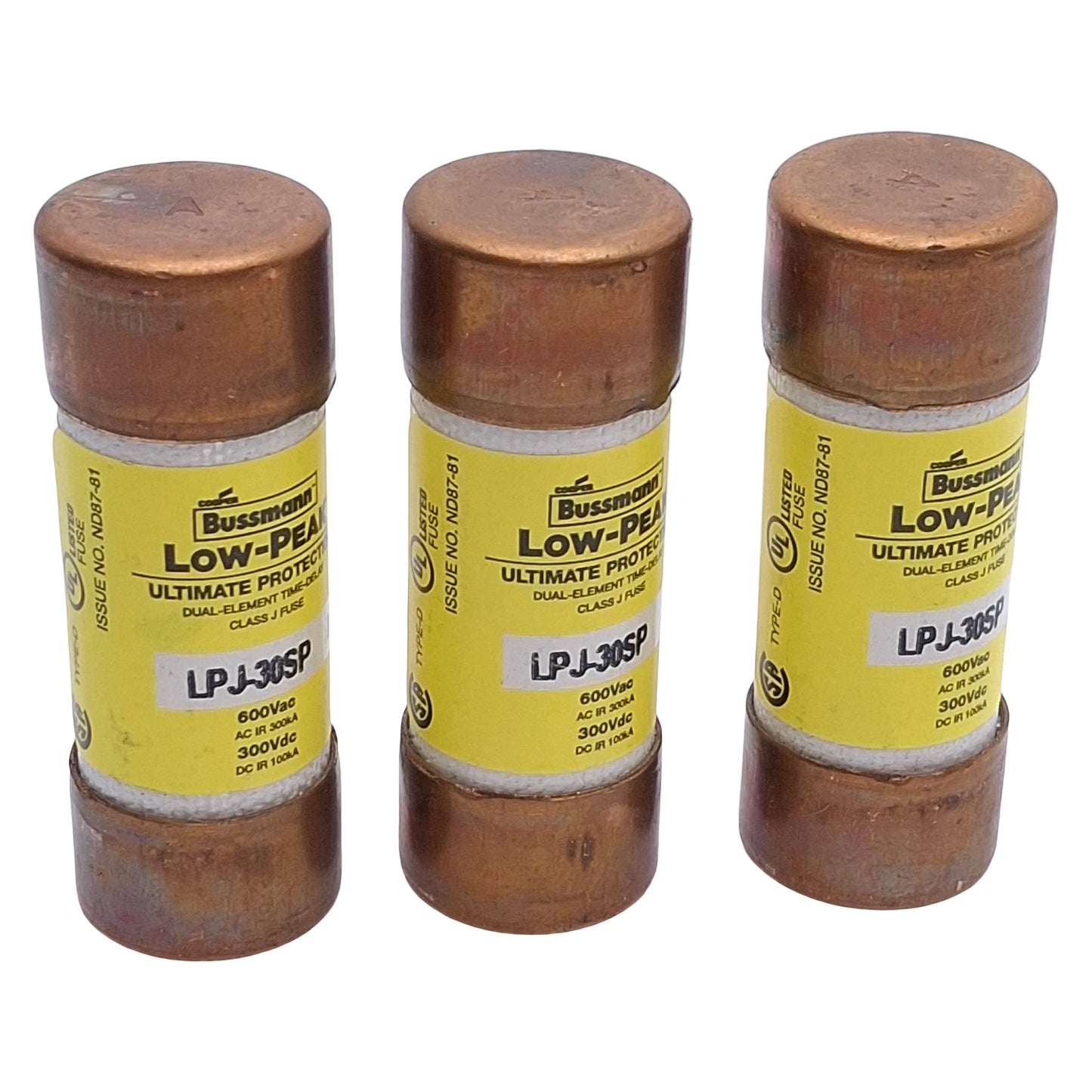 Used Lot of 3 Bussmann LPJ-30SP Time-Delay Fuse, Class J, 30A, 600VAC 300VDC