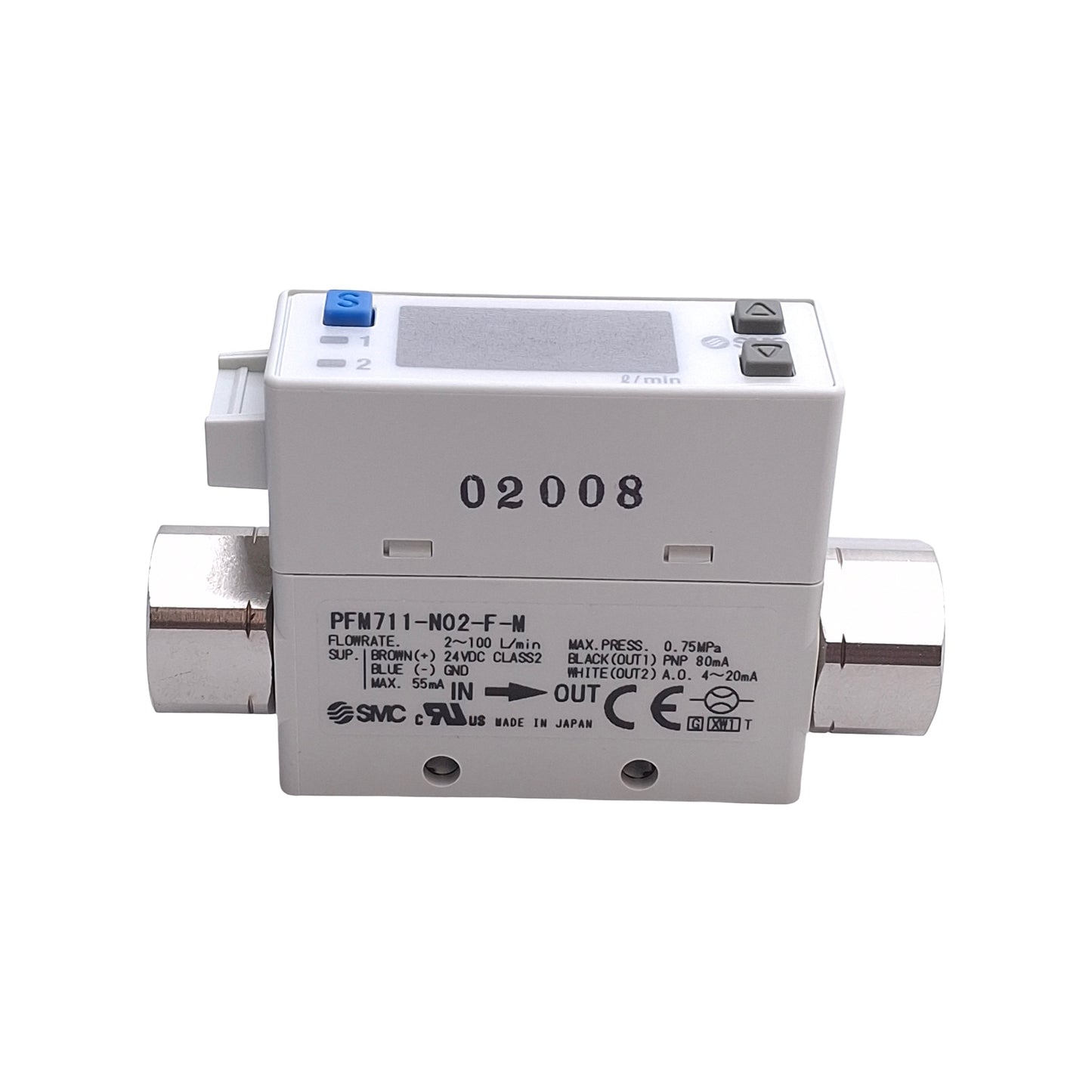 New – Open box SMC PFM711-N02-F-M Digital Flow Switch, 2-100 L/Min, 1/4in NPT, 1PNP 4-20mA