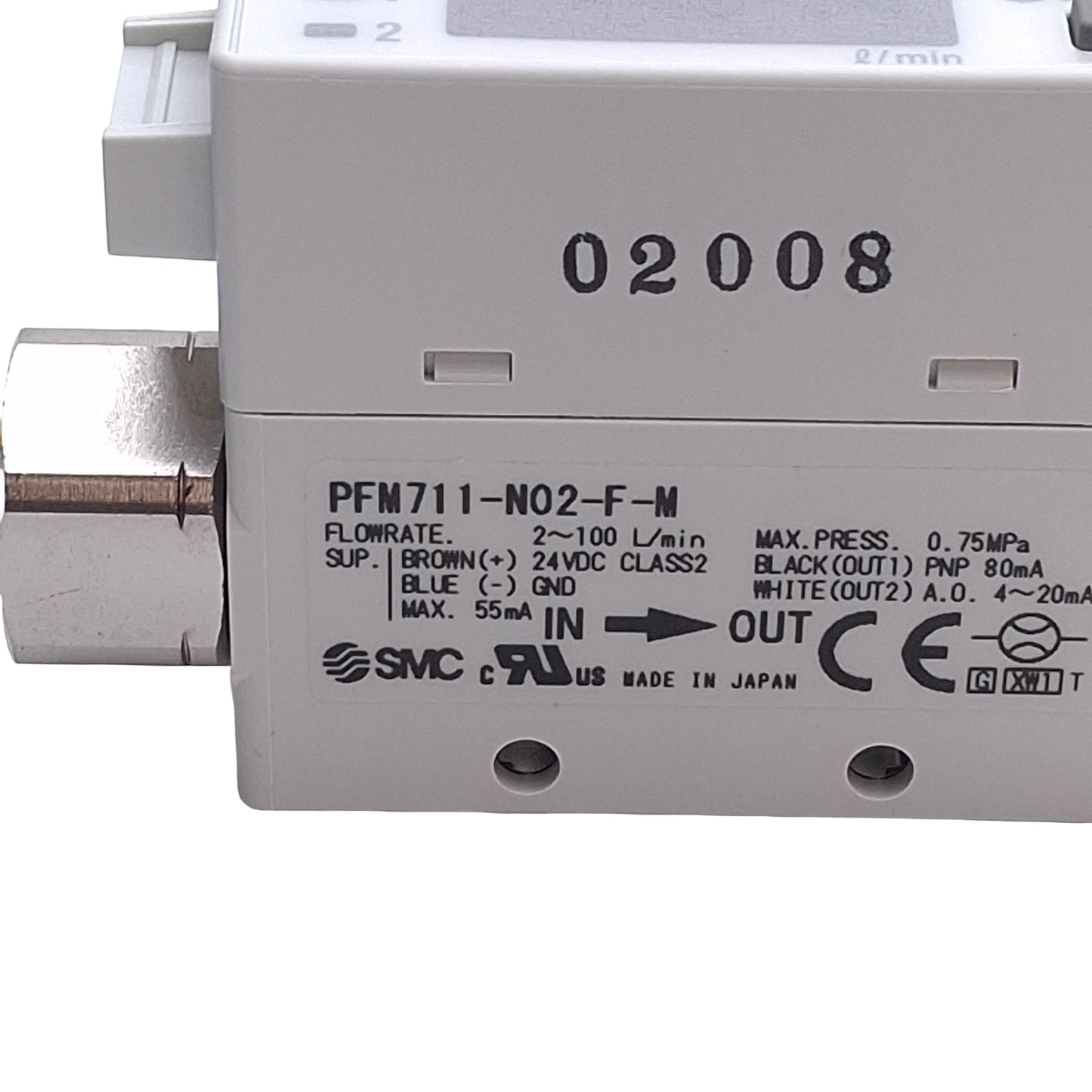 New – Open box SMC PFM711-N02-F-M Digital Flow Switch, 2-100 L/Min, 1/4in NPT, 1PNP 4-20mA