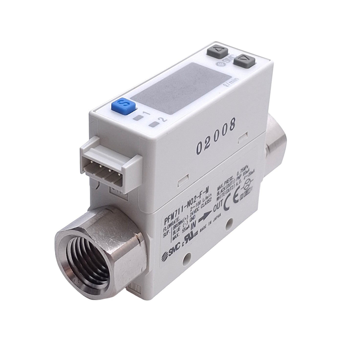New – Open box SMC PFM711-N02-F-M Digital Flow Switch, 2-100 L/Min, 1/4in NPT, 1PNP 4-20mA