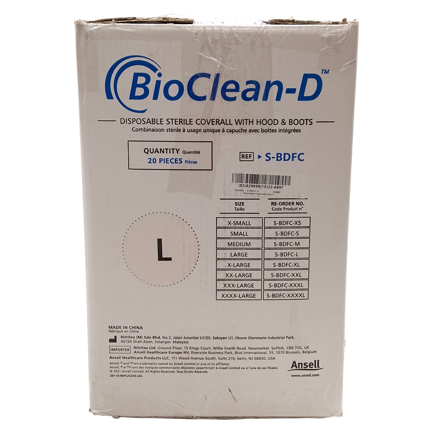 New Lot of 20 BioClean-D S-BDFC-L Disposable White Coverall With Hood & Boots, Large