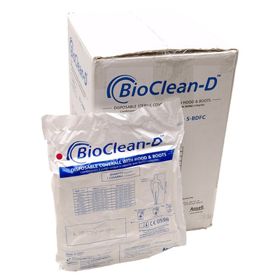 New Lot of 20 BioClean-D S-BDFC-L Disposable White Coverall With Hood & Boots, Large