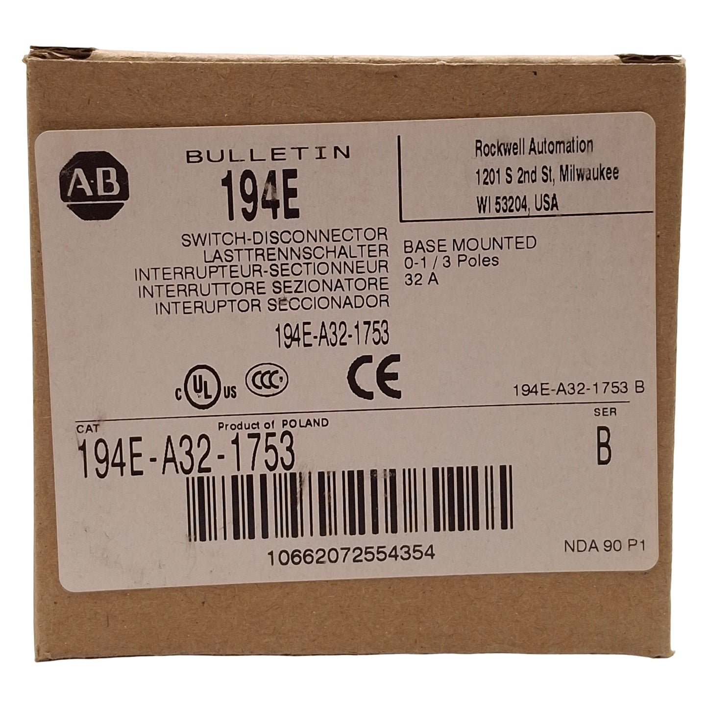 New Allen Bradley 194E-A32-1753 Disconnect Switch, 3-Pole, 15HP 32A 600VAC, DIN Rail