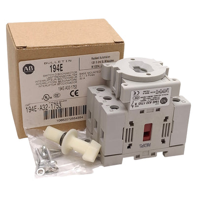 New Allen Bradley 194E-A32-1753 Disconnect Switch, 3-Pole, 15HP 32A 600VAC, DIN Rail