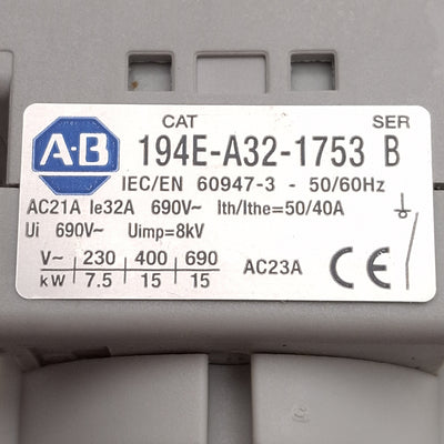 Used Allen Bradley 194E-A32-1753 Disconnect Switch, 3-Pole, 32A 600VAC 15HP, DIN Rail