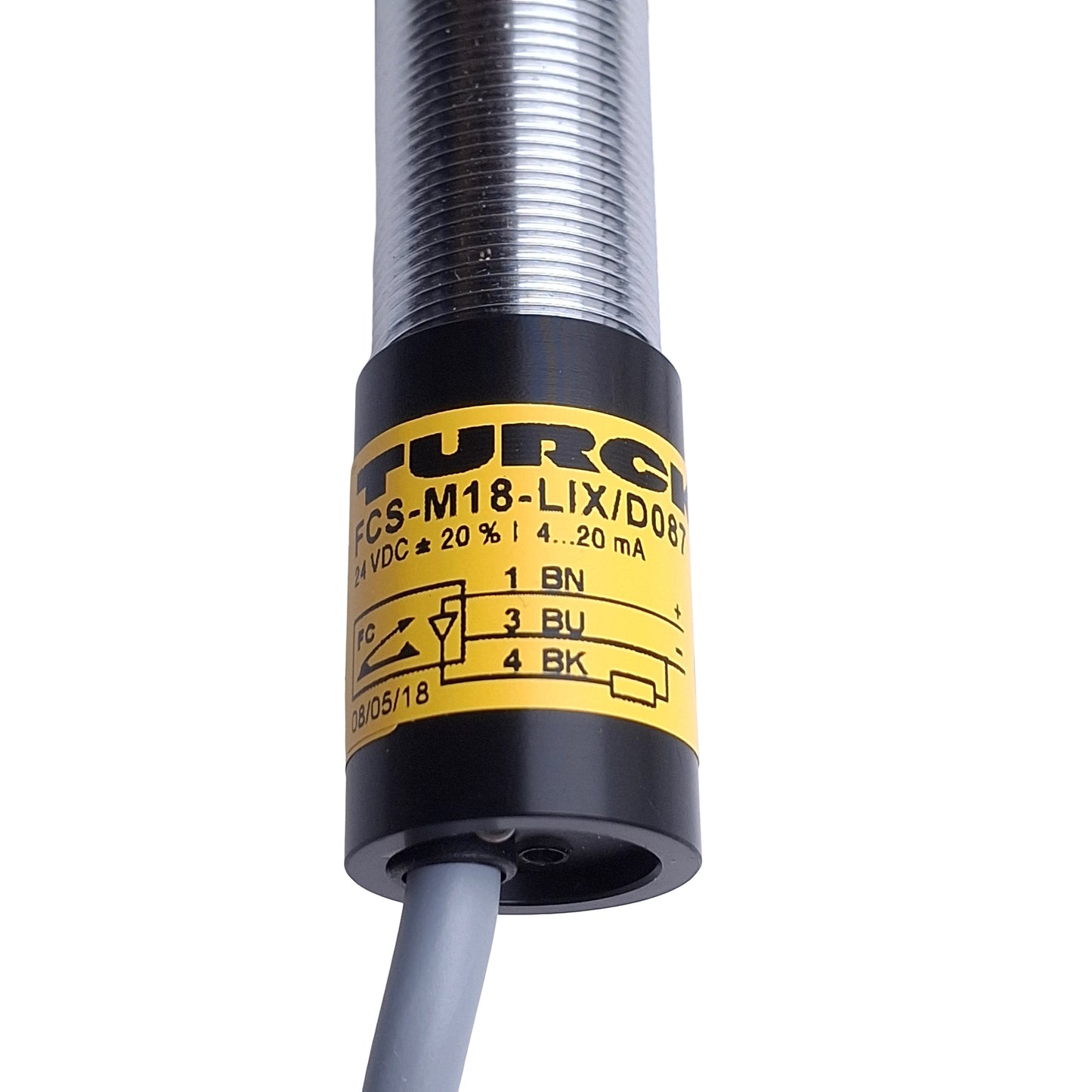 New – Open box Turck FCS-M18-LIX/D087 Flow Rate Sensor, 0.5 to 15m/s Air, 24VDC, 4-20mA Output