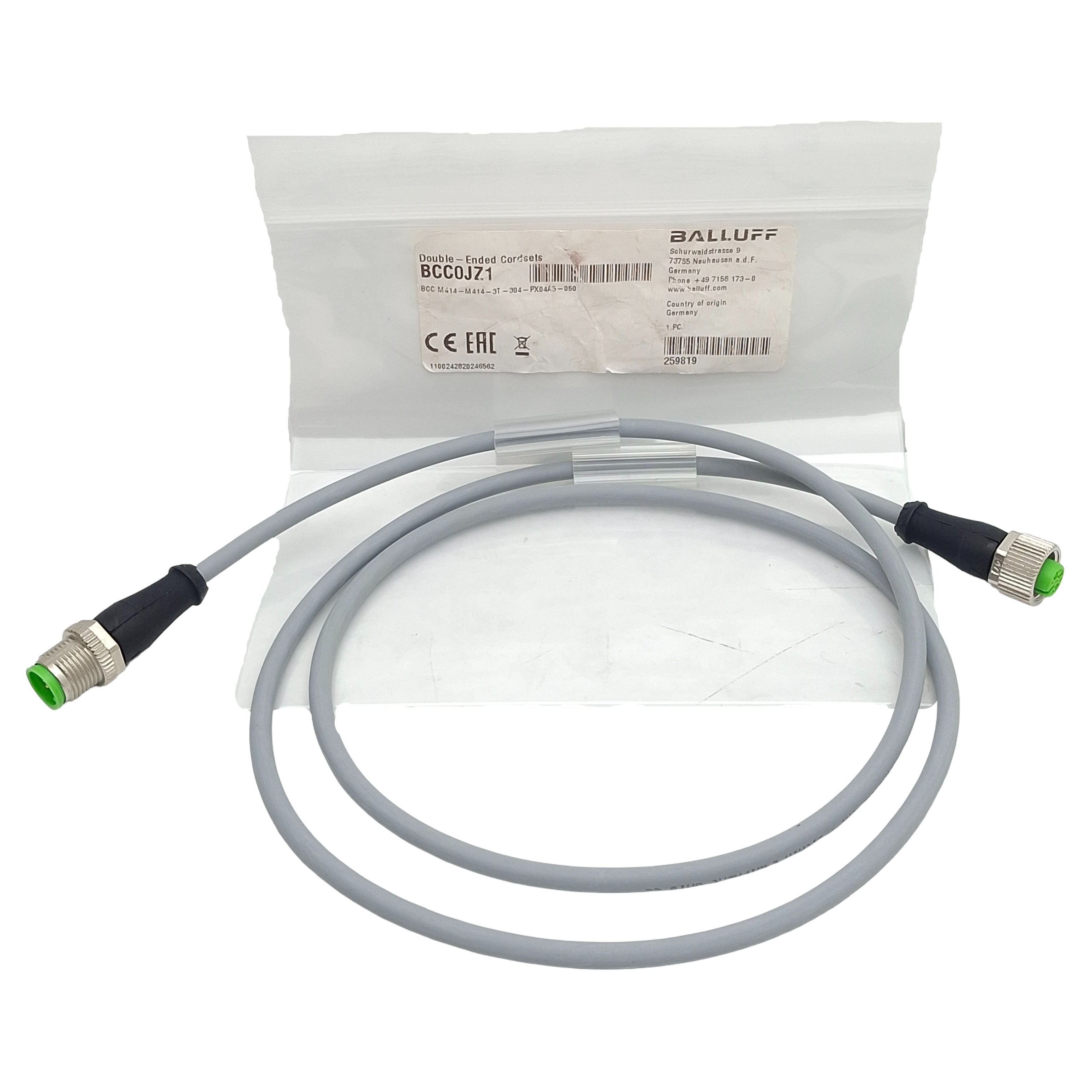 Balluff BCC0JZ1 Cordset, 4-Pin M12 Male x 4-Pin M12 Female, 12A 63VAC ...