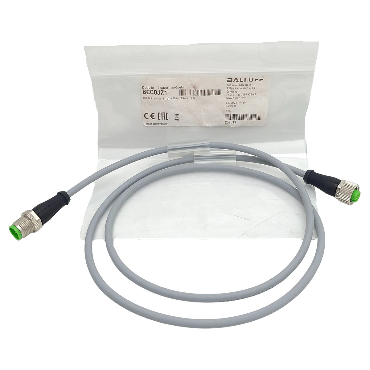 New Balluff BCC0JZ1 Cordset, 4-Pin M12 Male x 4-Pin M12 Female, 12A 63VAC/DC, 1m