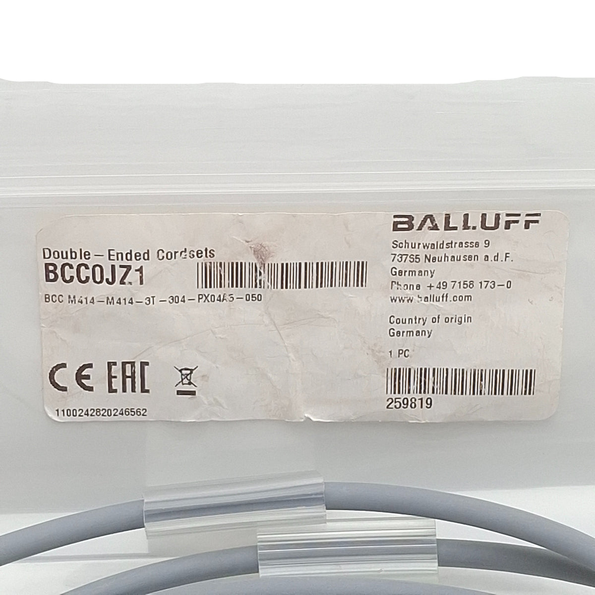New Balluff BCC0JZ1 Cordset, 4-Pin M12 Male x 4-Pin M12 Female, 12A 63VAC/DC, 1m