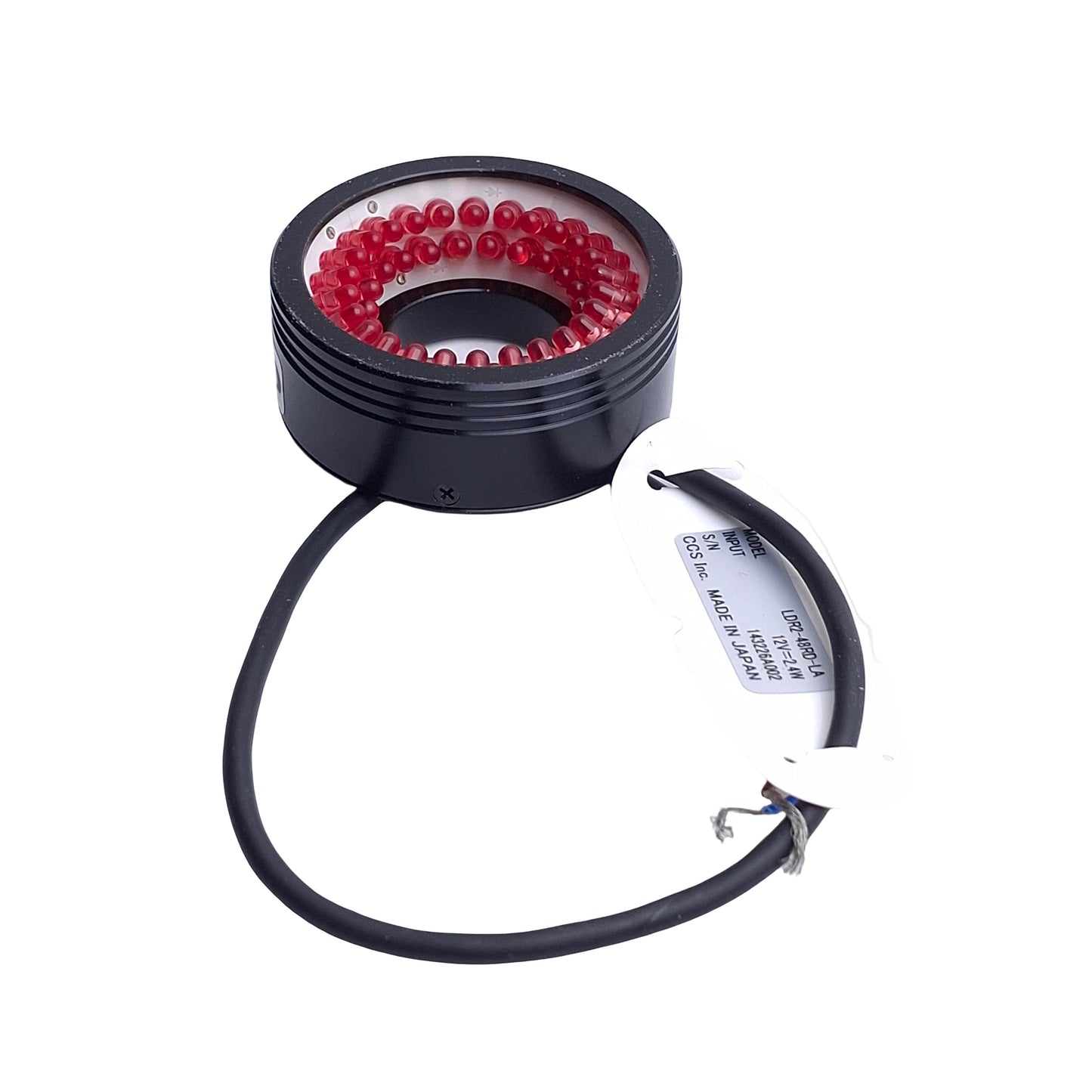 Used CCS LDR2-48RD-LA Low Angle Ring Light, 12VDC, 22mm ID, 630nm Red *Cut Connector*
