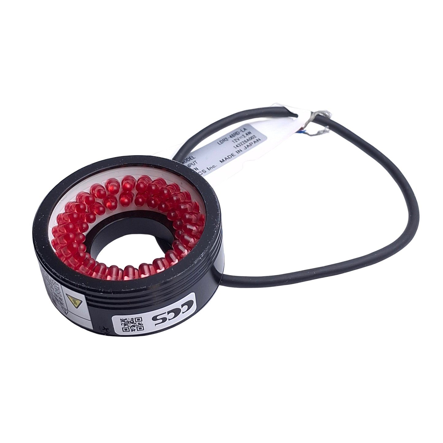 Used CCS LDR2-48RD-LA Low Angle Ring Light, 12VDC, 22mm ID, 630nm Red *Cut Connector*