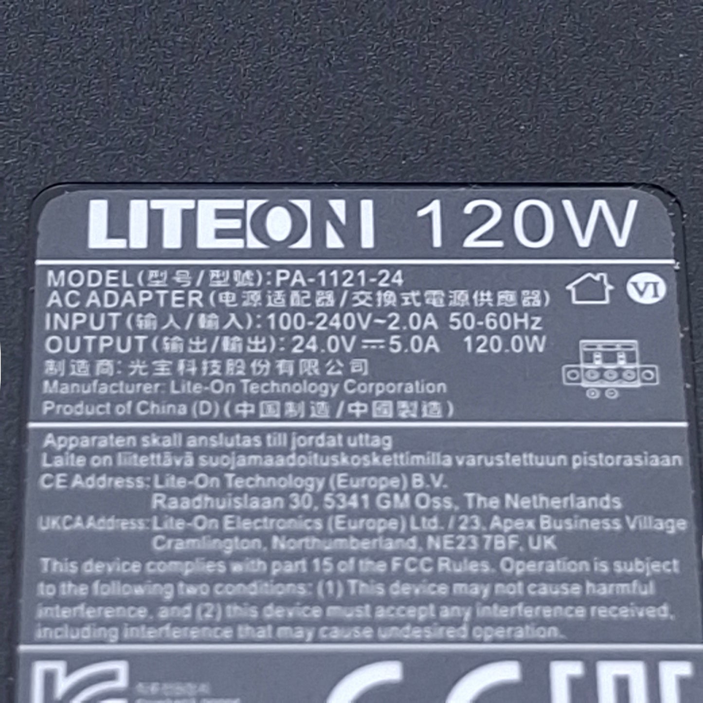Used LITEON PA-1121-24 AC Adapter 120W, 120VAC 2A In, 23VDC 5.A Out, 3-Pin Female