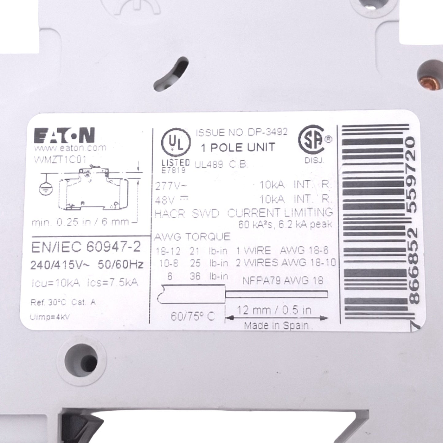 Used Eaton WMZT1C01 Circuit Breaker, 1-Pole, 1A, 48VDC 277VAC Max, DIN Rail