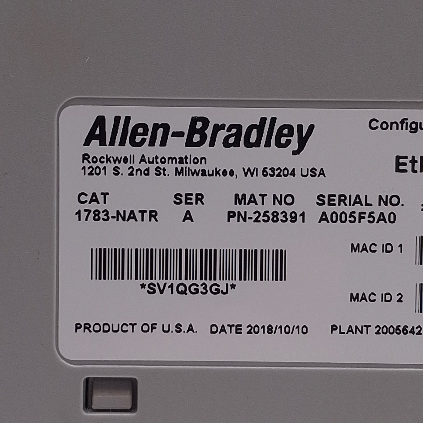 Used Allen Bradley 1783-NATR Ethernet/IP Configurable NAT Router 20.4-27.6VDC, 150mA