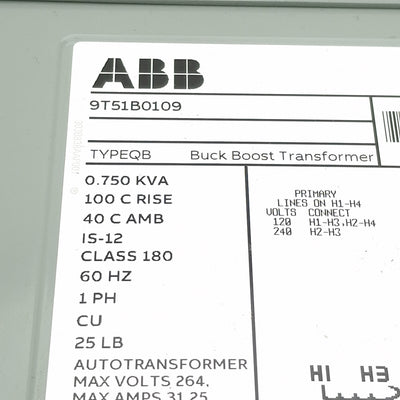 Used ABB 9T51B0109 Buck Boost Transformer, 0.75kVA, 120/240V 1PH 60Hz Pri, 12/24V Sec