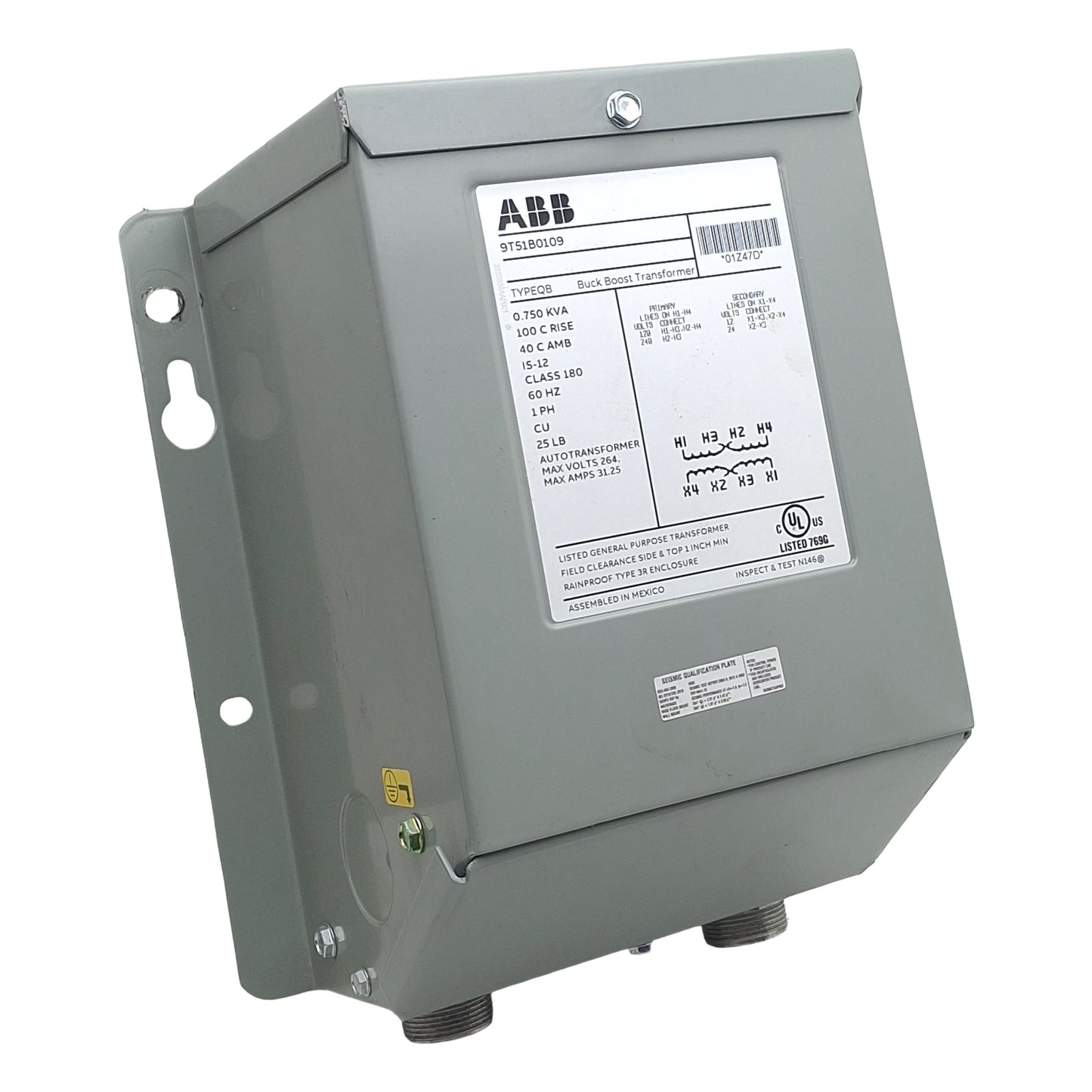 Used ABB 9T51B0109 Buck Boost Transformer, 0.75kVA, 120/240V 1PH 60Hz Pri, 12/24V Sec