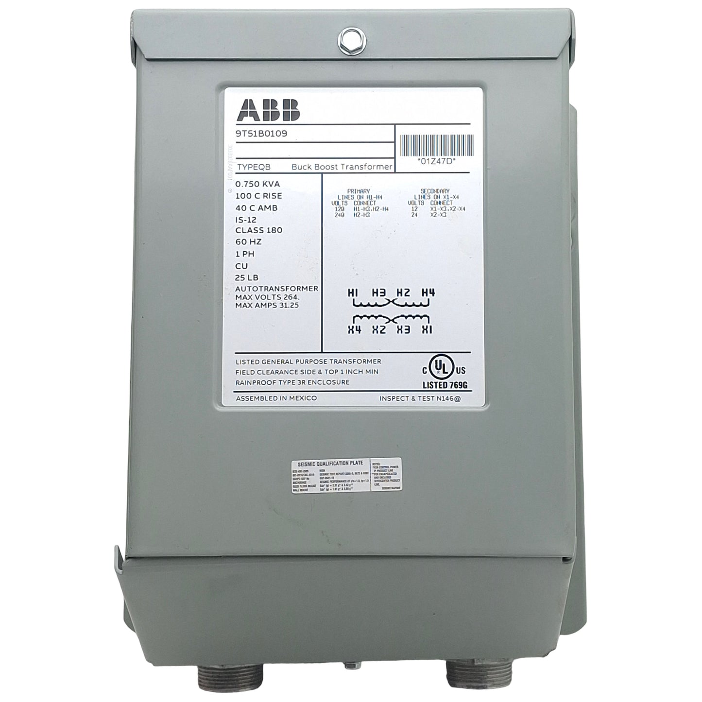 Used ABB 9T51B0109 Buck Boost Transformer, 0.75kVA, 120/240V 1PH 60Hz Pri, 12/24V Sec