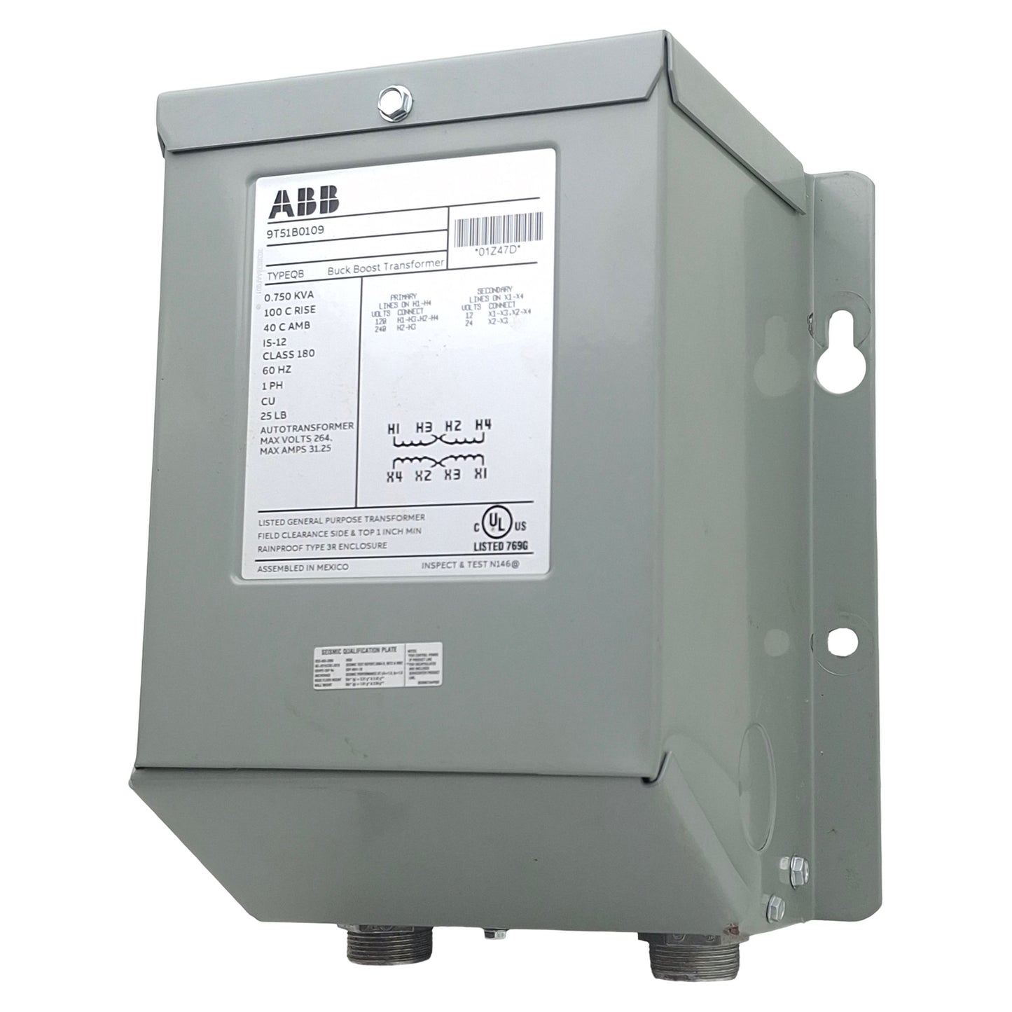 Used ABB 9T51B0109 Buck Boost Transformer, 0.75kVA, 120/240V 1PH 60Hz Pri, 12/24V Sec
