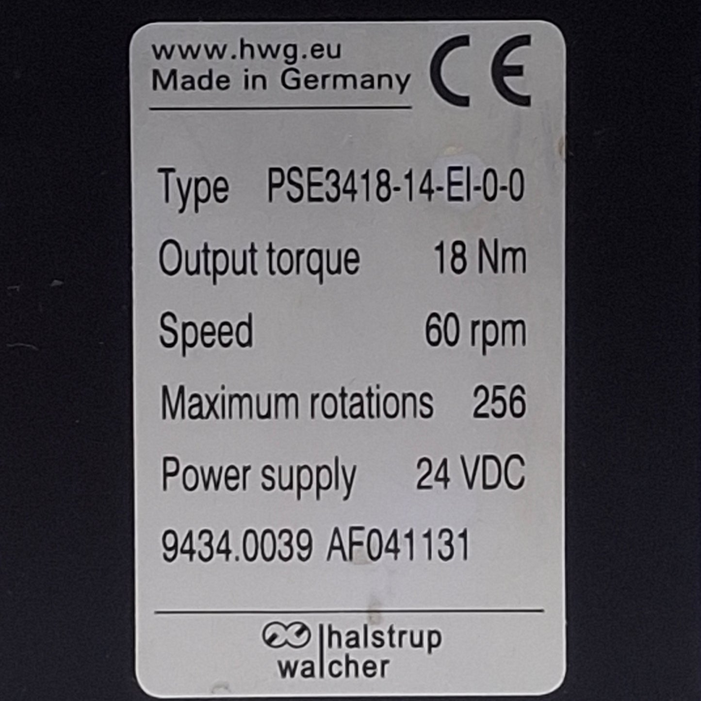 Used Halstrup Walcher PSE3418-14-EI-0-0 Positioning System 24VDC, 18Nm, 60rpm Max
