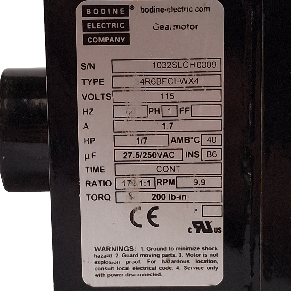 Used Bodine 34R6BFCI-WX4 AC Gearmotor, 172.1:1, 1/7HP, ø5/8in Shaft, 9.9rpm *Dented*
