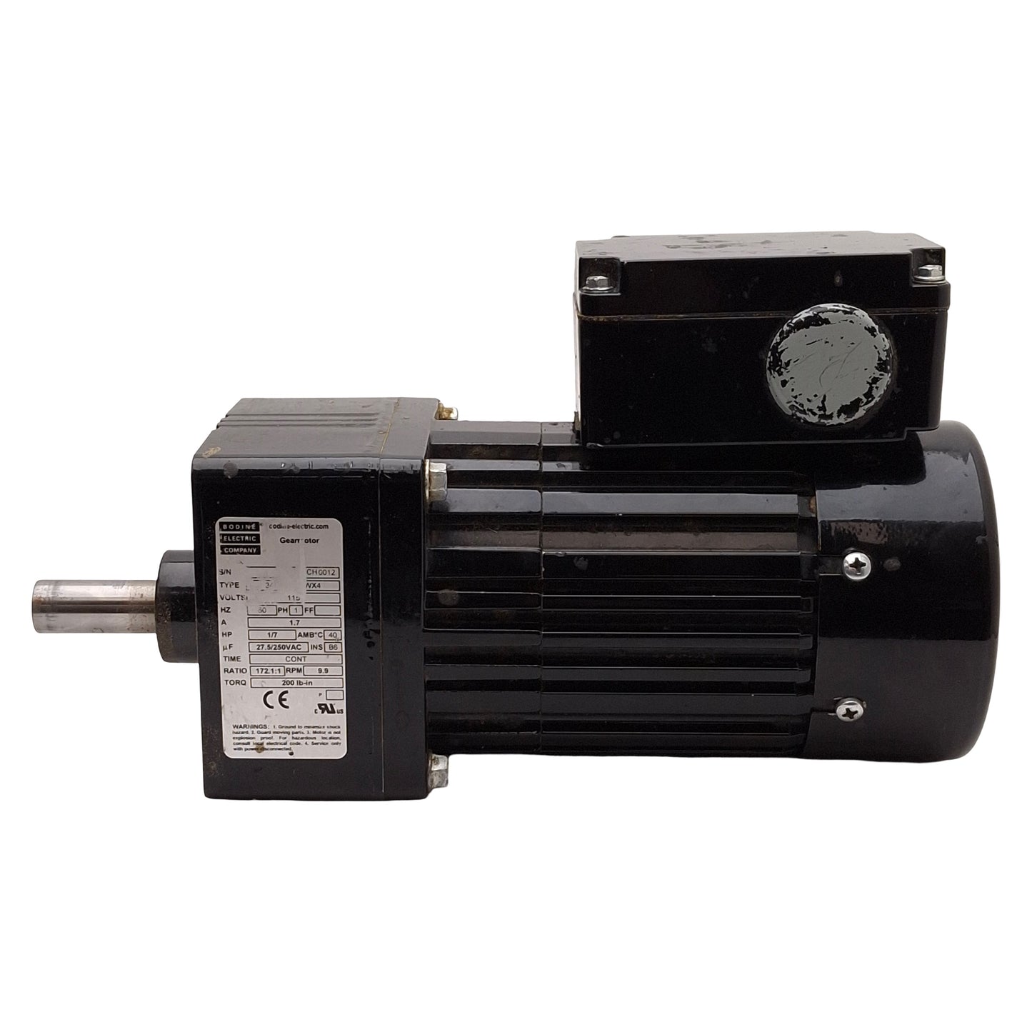 Used Bodine 34R6BFCI-WX4 AC Gearmotor, 172.1:1, 1/7HP, ø5/8in Shaft, 9.9rpm, 115VAC