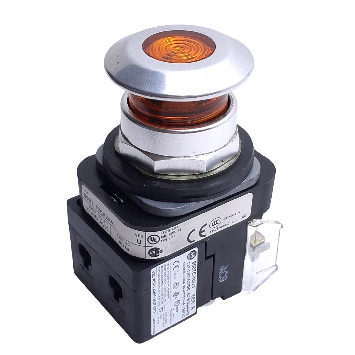 Used Allen Bradley 800T-FXQH2AA1 Push Pull Switch, Amber, 30mm, 1NO+1NC, 12-130V Lamp