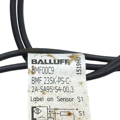 Used Balluff BMF00C9 2-Head Magnetic Field Sensor, PNP NO, 10-30VDC, 4-Pin M12 Male