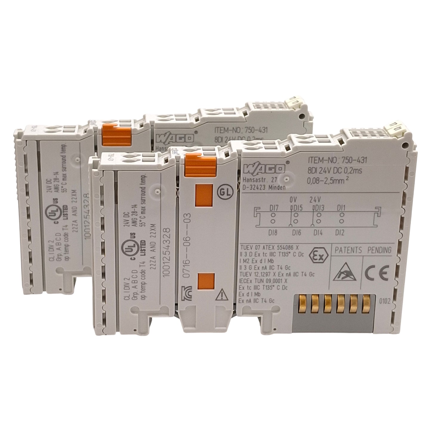 Used Lot of 2 Wago 750-431 PLC Digital Input Module, 8-Channel, 0.2ms Filter, 24VDC