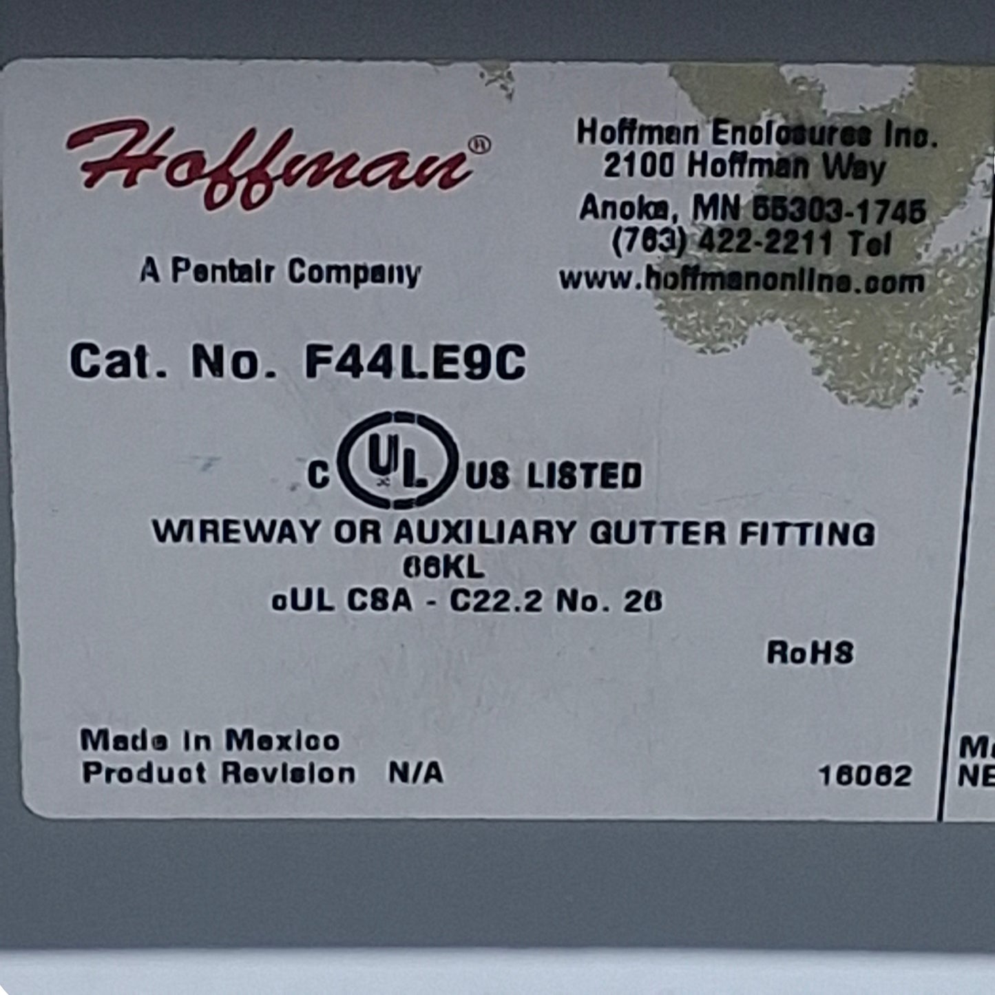 Used Hoffman F44LE9C 90° Elbow LayIn Wireway Outside Opening 4" x 4", Steel, NEMA 12