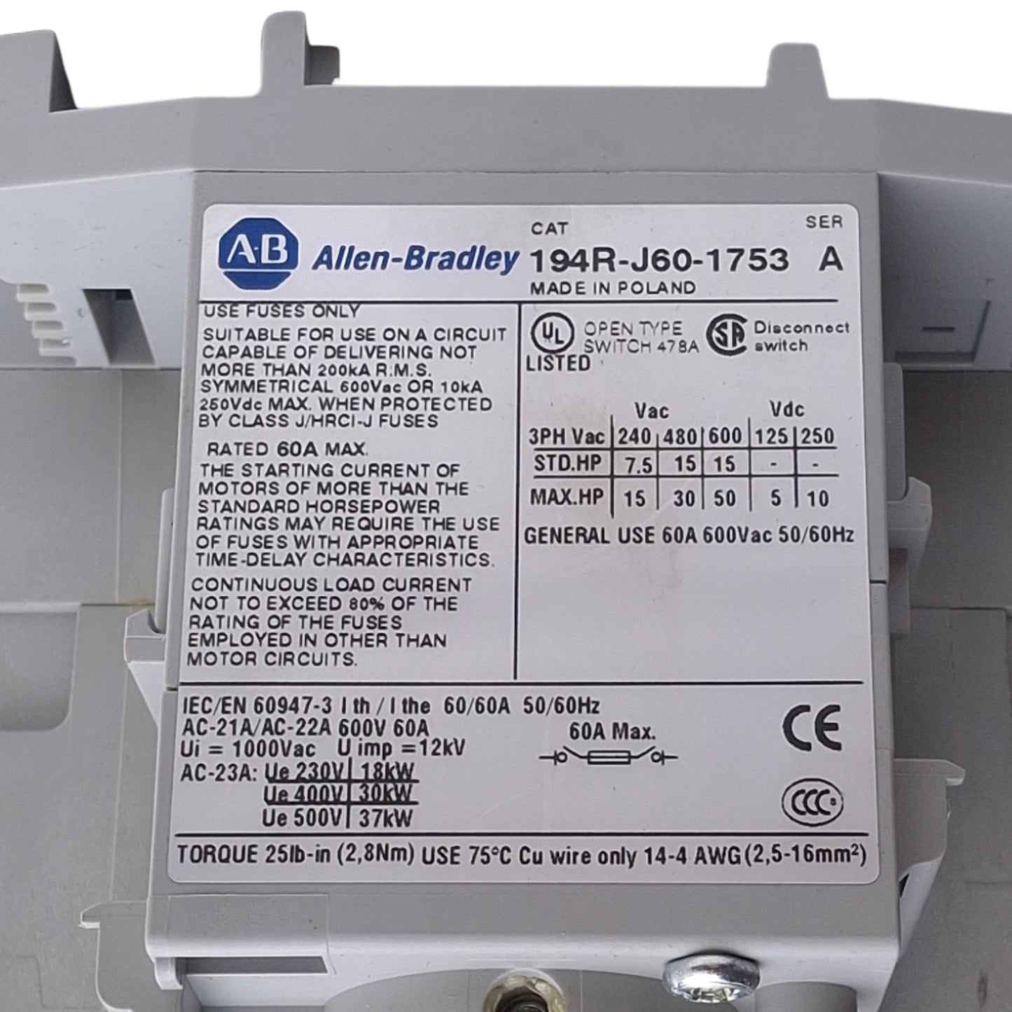 Used Allen Bradley 194R-J60-1753 Fused Rotary Disconnect Switch 3-Pole 60A 600VAC