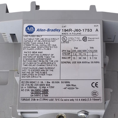 Used Allen Bradley 194R-J60-1753 Fused Rotary Disconnect Switch 3-Pole 60A 600VAC