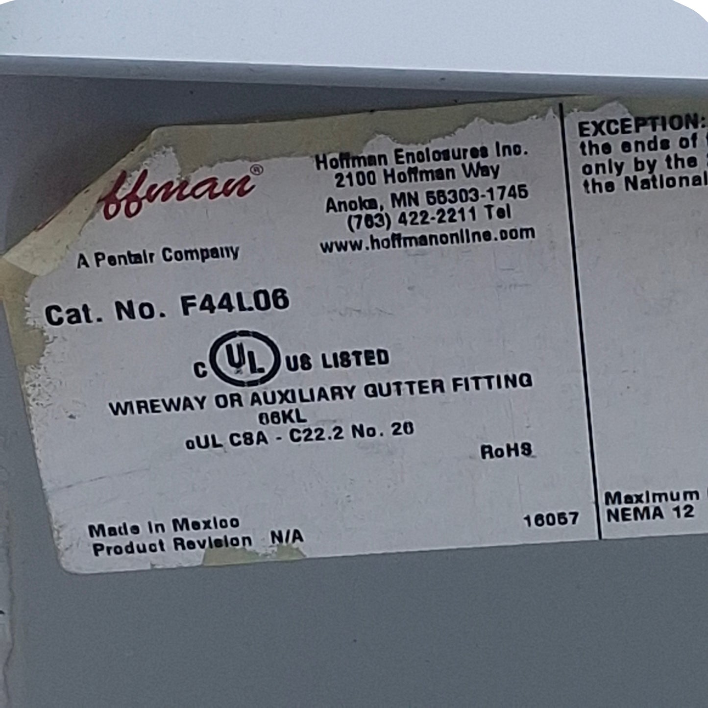 Used Hoffman F44L06 Lay-In Wireway Hinged Cover 4"x 4", 6" Length, Steel, NEMA 12