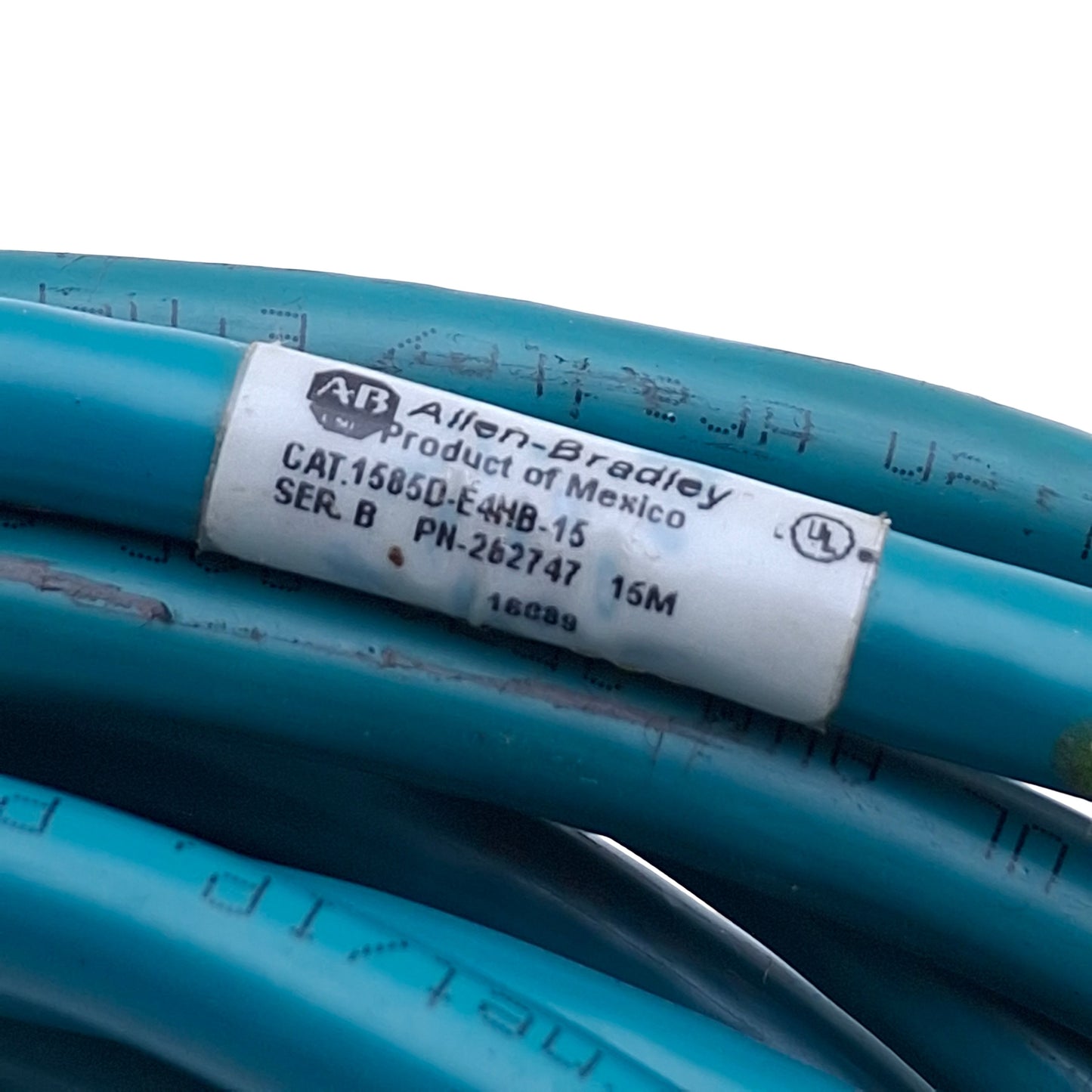 Used Allen Bradley 1585D-E4HB-15 Ethernet Media Cable, M12 4-Pin Male to RJ45, 25ft