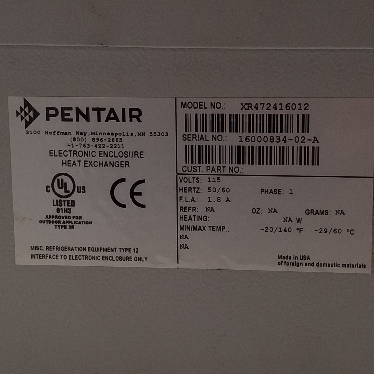 Used Pentair XR472416012 Electronic Enclosure Heat Exchanger, 131CFM, 24W/°F, 115VAC