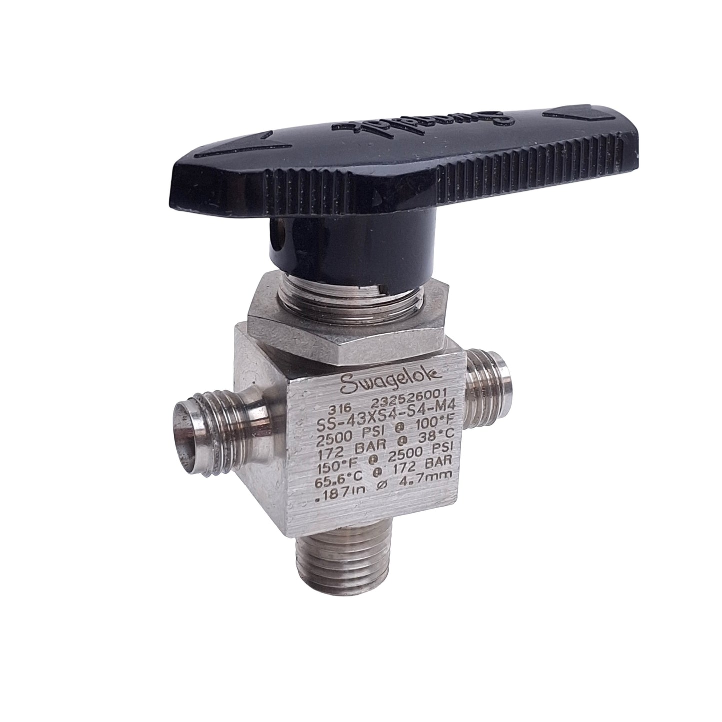 Used Swagelok SS-43XS4-S4-M4 Instrument Ball Valve, 3-Way, 1/4in Swagelok To NPT