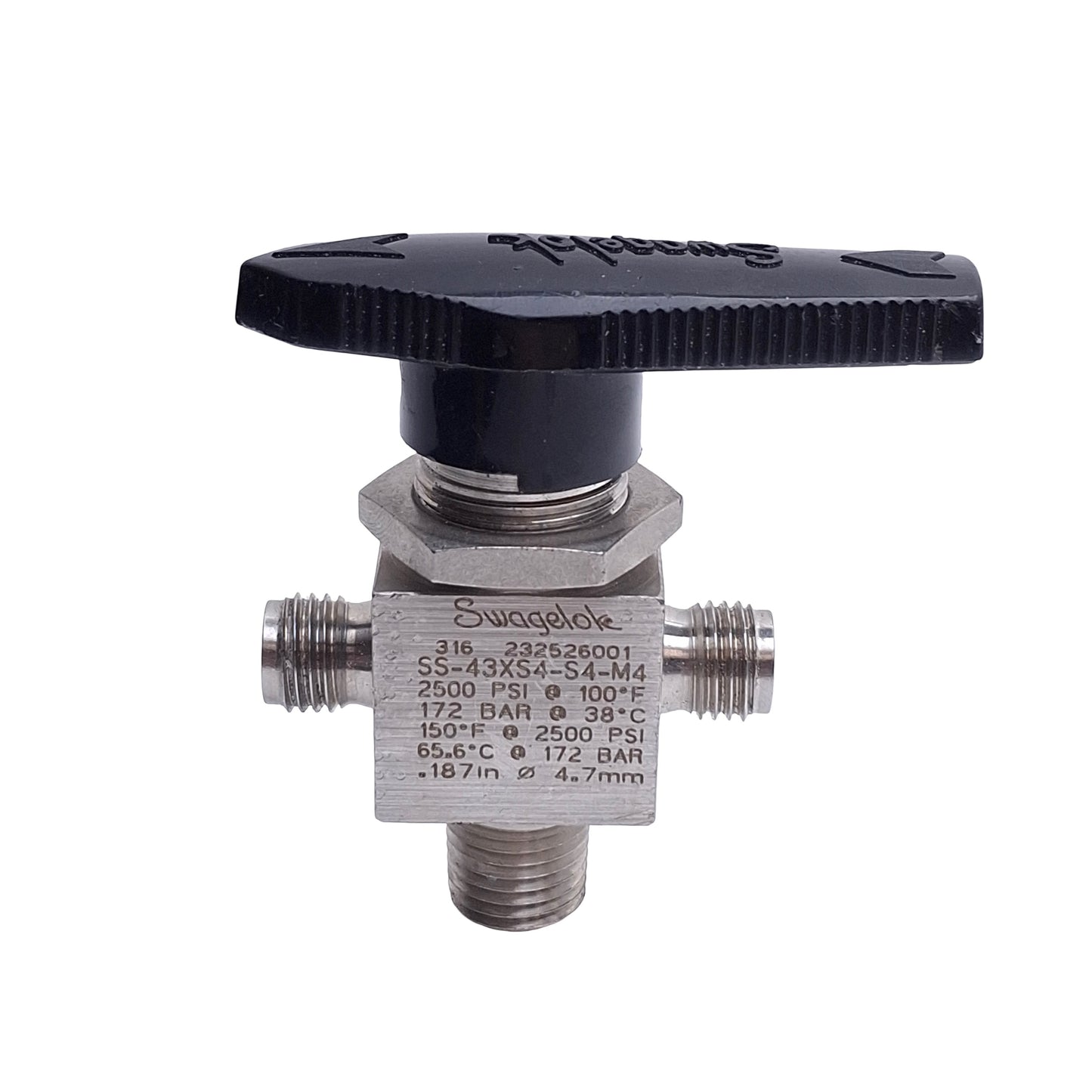 Used Swagelok SS-43XS4-S4-M4 Instrument Ball Valve, 3-Way, 1/4in Swagelok To NPT