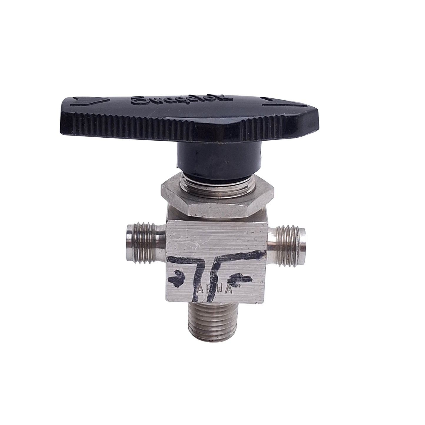 Used Swagelok SS-43XS4-S4-M4 Instrument Ball Valve, 3-Way, 1/4in Swagelok To NPT