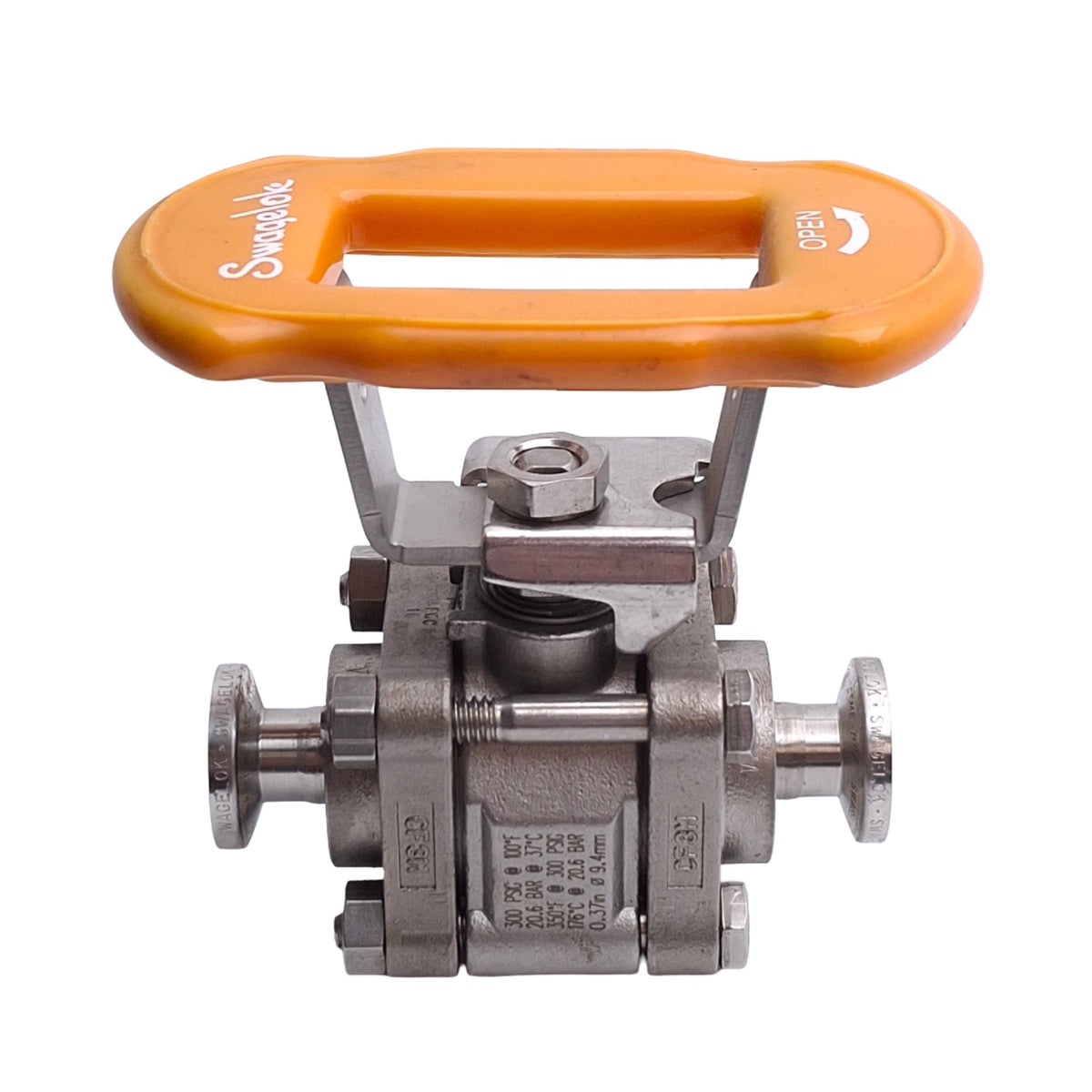 Used Swagelok SS-63TTS8 Stainless Steel 3-Piece Ball Valve, 1/2in Sanitary, 300 psig