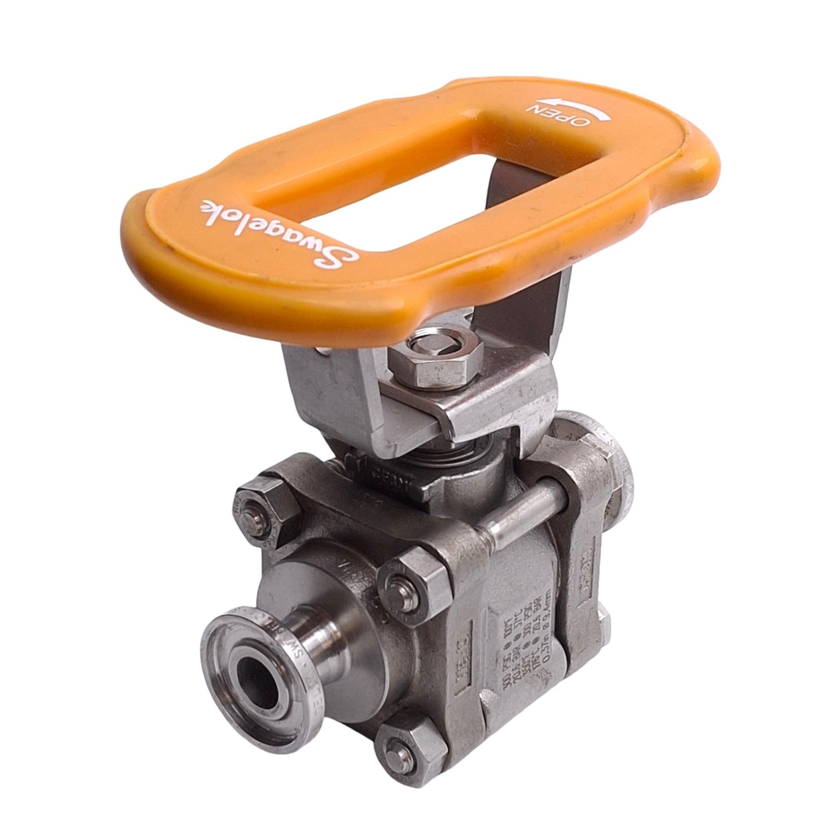 Used Swagelok SS-63TTS8 Stainless Steel 3-Piece Ball Valve, 1/2in Sanitary, 300 psig