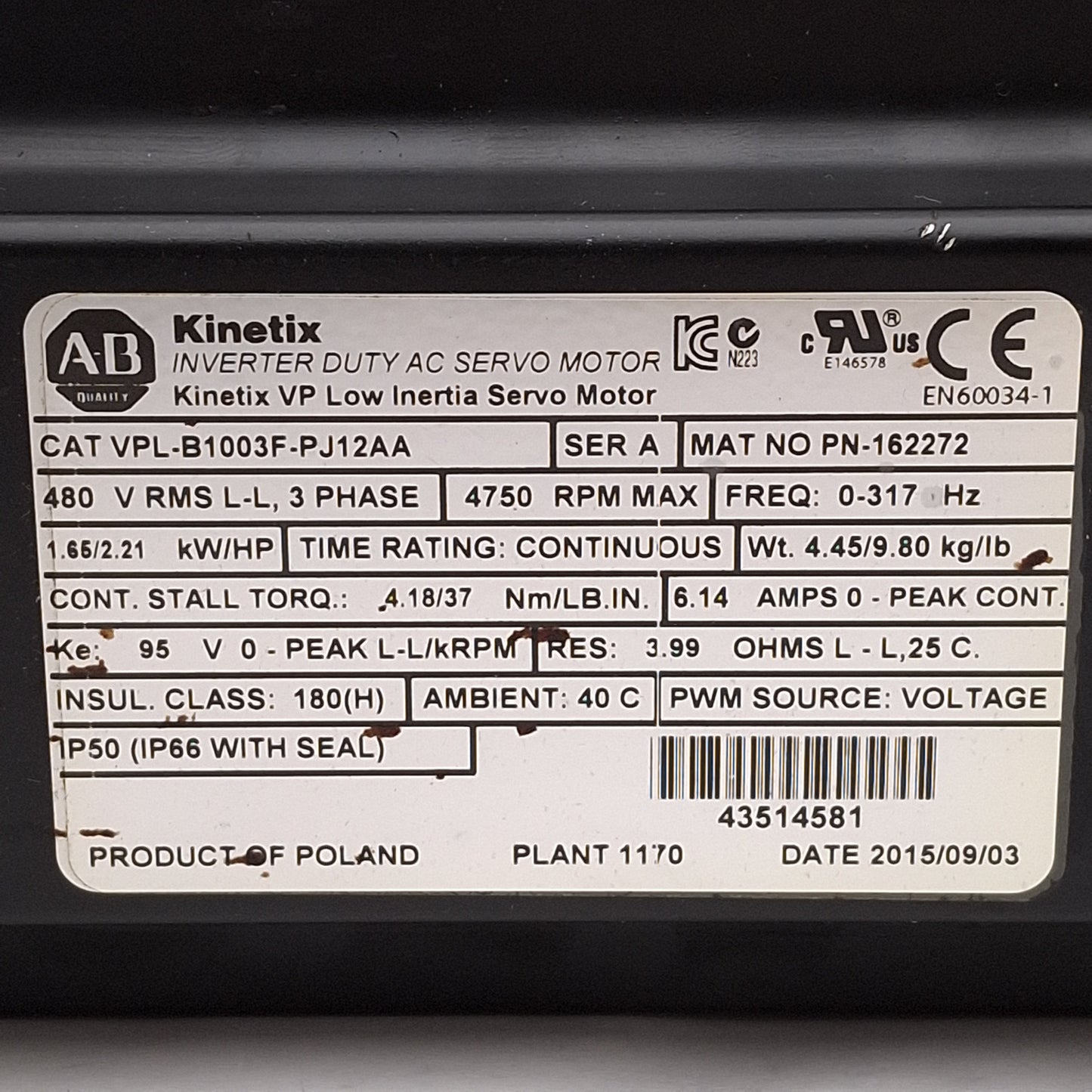 Used Allen Bradley VPL-B1003F-PJ12AA Kinetix Servo Motor, 1.65kW, 2.21HP, 3Ø 480VAC