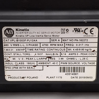 Used Allen Bradley VPL-B1003F-PJ12AA Kinetix Servo Motor, 1.65kW, 2.21HP, 3Ø 480VAC