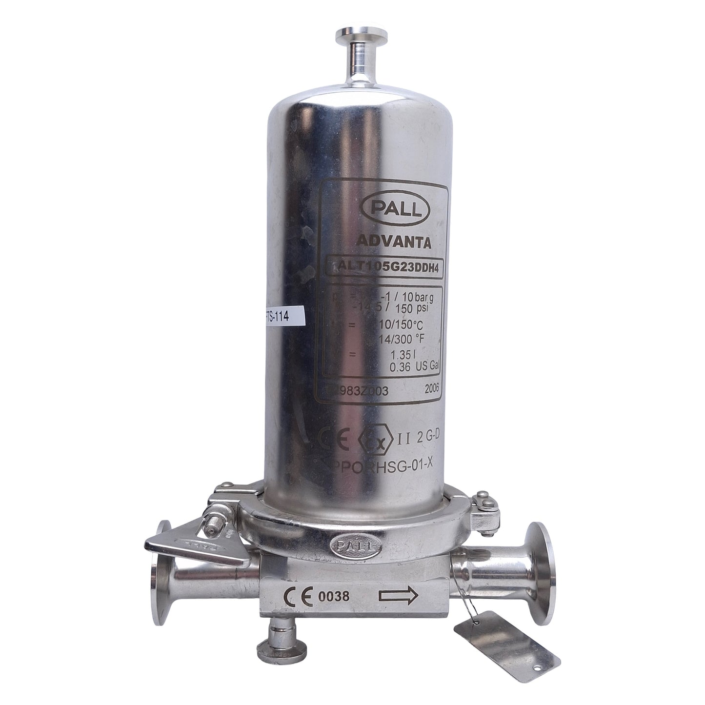 Used PALL ALT105G23DDH4 Sanitary Filter Housing, 5in, Vent/Drain D *Missing Vent Cap*