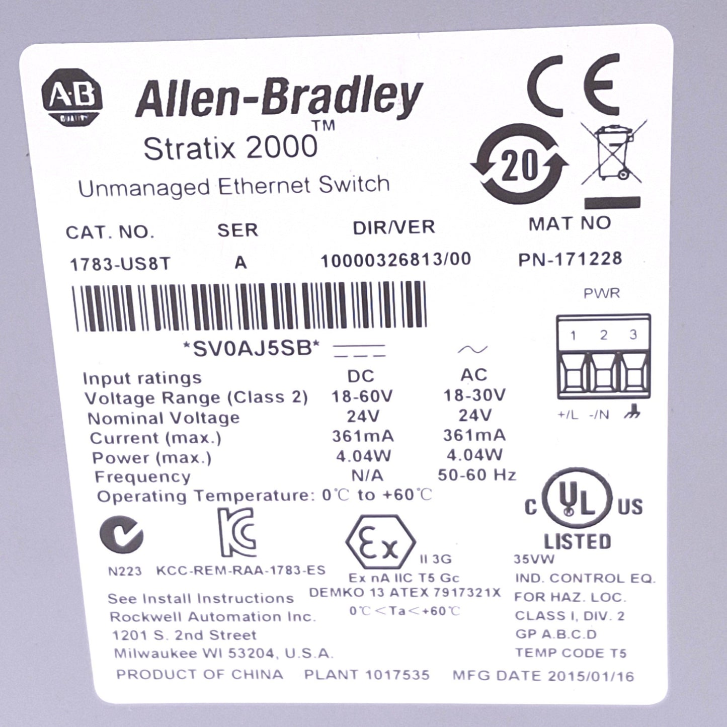 Used Allen Bradley 1783-US8T Stratix 2000 Ethernet Switch, 8-Port 10/100Mbps RJ45