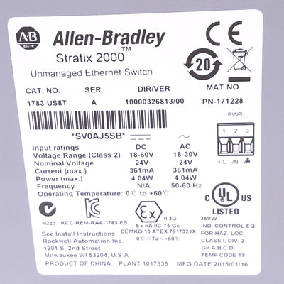Used Allen Bradley 1783-US8T Stratix 2000 Ethernet Switch, 8-Port 10/100Mbps RJ45