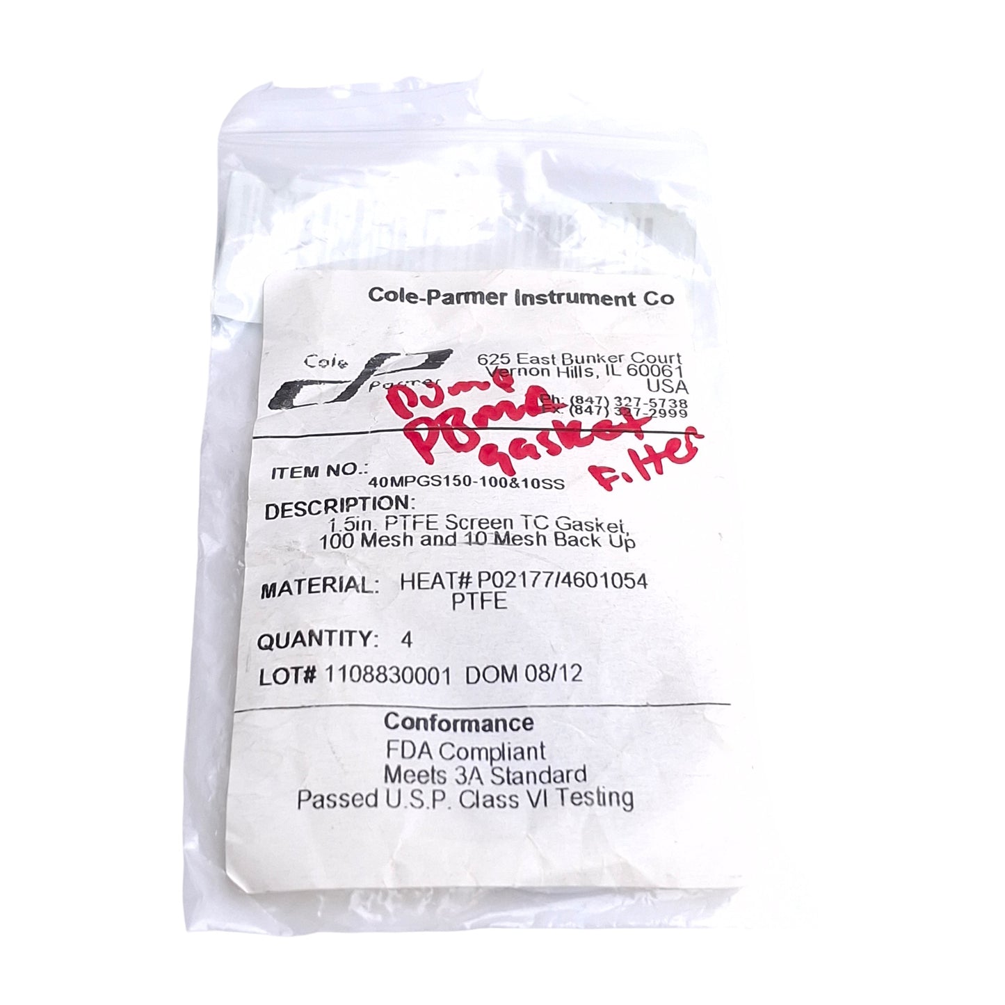 New – Open box Cole Parmer 30538-86 40MPGS150-100&10SS Sanitary Gasket 1.5in, 100 & 10 Mesh