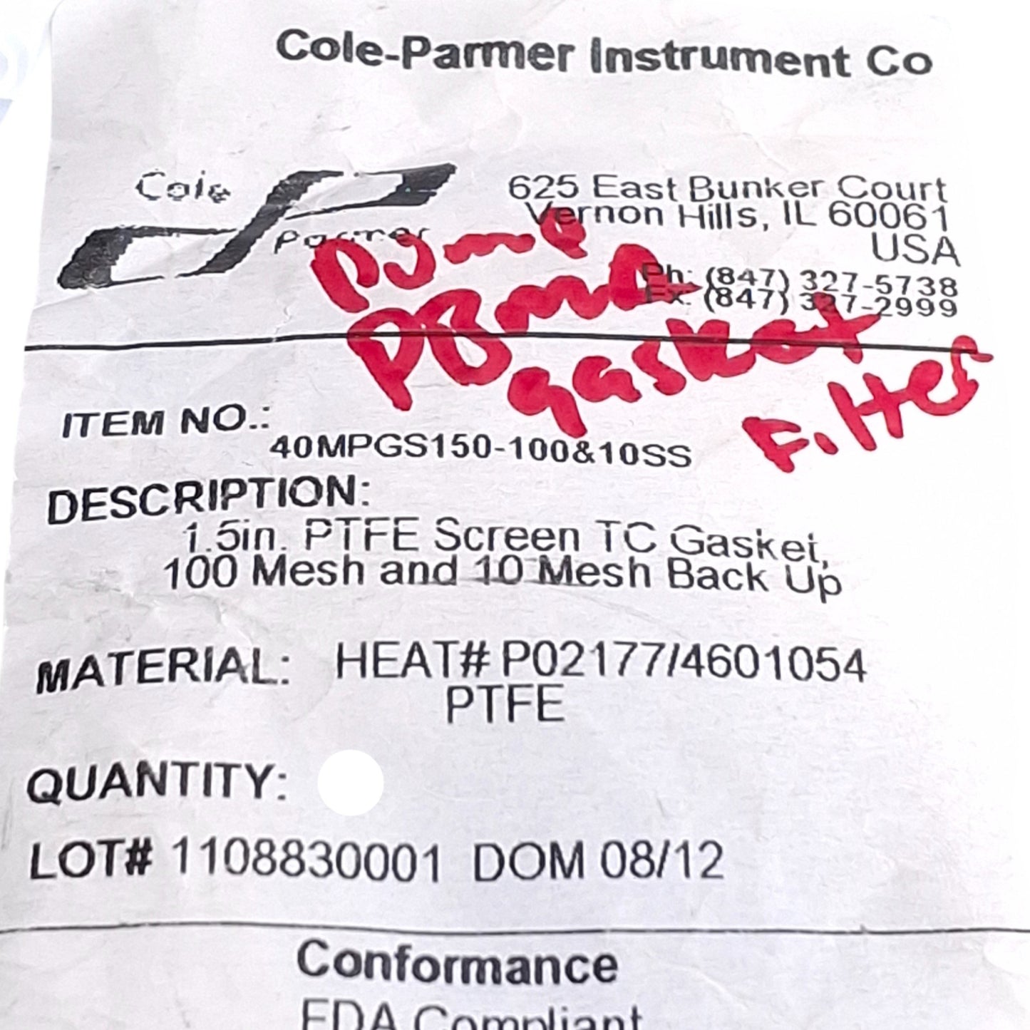 New – Open box Cole Parmer 30538-86 40MPGS150-100&10SS Sanitary Gasket 1.5in, 100 & 10 Mesh