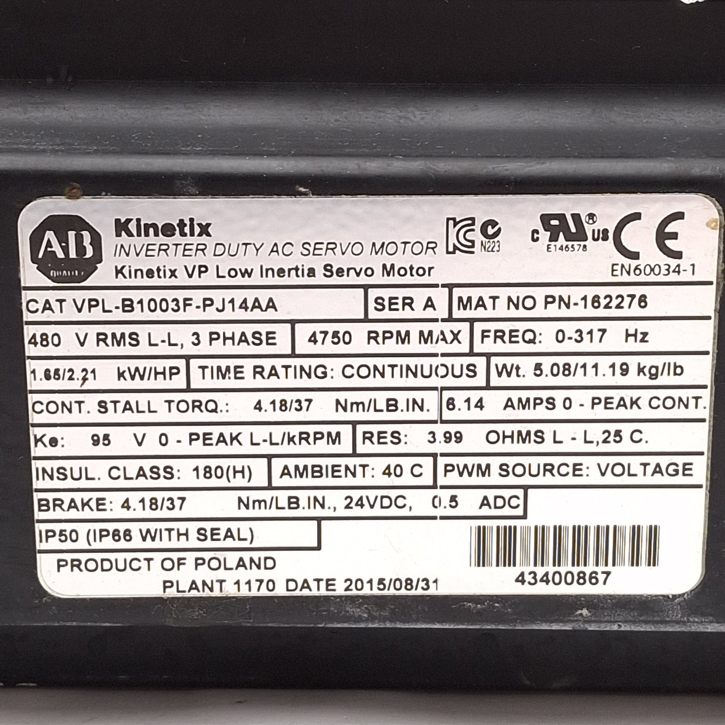 Used Allen Bradley VPL-B1003F-PJ14AA Servo Motor w/ Brake, 1.65kW, 2.21HP, 3Ø 480VAC